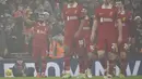Pemain Liverpool, Mohamed Salah merayakan gol kemenangan timnya ke gawang Leicester dalam laga lanjutan Liga Inggris 2024/2025 di Anfield, Liverpool, Inggris, Jumat (27/12/2024) WIB. (AP Photo/PA/Peter Byrne)