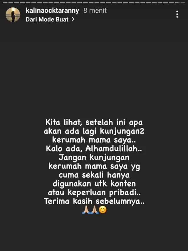 Unggahan Kalina Oktarani. (Foto: Instagram @kalinaocktaranny)