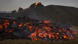 Aliran lava dari letusan gunung berapi di Semenanjung Reykjanes di barat daya Islandia pada Sabtu (20/3/2021). Erupsi Gunung berapi yang tertidur lama alias tidak aktif selama 6.000 tahun tidak mempengaruhi lalu lintas penerbangan. (AP Photo/Marco Di Marco)