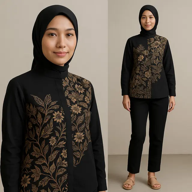 Model Blouse Batik Kombinasi Polos/Ilustrasi gambar oleh AI