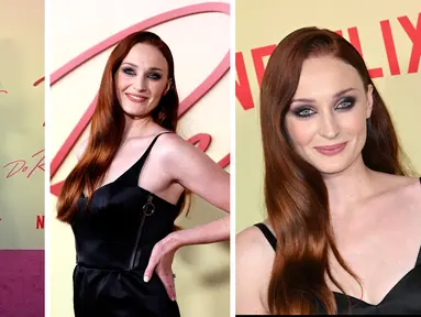 Kolase foto aktris Sophie Turner menghadiri pemutaran  perdana "Do Revenge," di Netflix di Vine TUDUM Theater di Los Angeles, California, Rabu, 14 September 2022. Sophie Turner tampil klasik dalam balutan gaun hitam chic yang memperlihatkan dadanya. (AFP Photo)