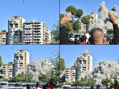 Foto kombinasi yang dibuat pada 22 Oktober 2024 menunjukkan saat sebuah roket yang ditembakkan oleh pesawat tempur Israel menghantam sebuah bangunan di pinggiran selatan Beirut, Shayah, pada Selasa 22 Oktober 2024. (Fadel ITANI/AFP)