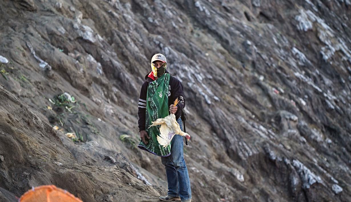 Seorang pria menangkap seekor ayam hidup yang dilemparkan ke kawah Gunung Bromo sementara para penganut Hindu dari komunitas Tengger mempersembahkan sesaji berupa beras, buah-buahan, ternak, dan barang-barang lainnya sebagai bagian dari festival Yadnya Kasada di dekat Probolinggo, Jawa Timur, Senin 1 Juni 2026. (JUNI KRISWANTO/AFP)
