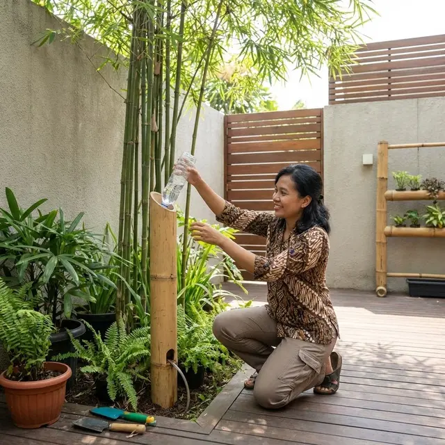 Memasukkan botol ke dalam potongan bambu (Gemini AI)