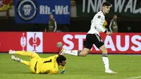 Jerman memecah kebuntuan di awal babak kedua. Pada menit ke-50, Kai Havertz membawa Jerman unggul 1-0 atas Makedonia Utara lewat tembakan kerasnya usai menerima umpan terobosan Thomas Mueller. (AP/Boris Grdanoski)