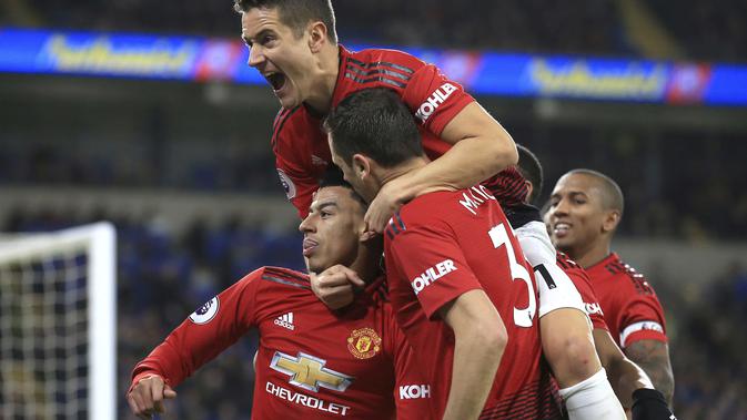 Manchester United berhasil meraih kemenangan atas Cardiff City pada pekan ke-18 Premier League, di Cardiff City Stadium, Sabtu (22/12/2018) malam waktu setempat. (AP Photo/ Jon Super)