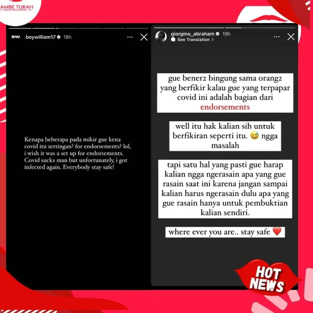 Boy William dan Giorgino Abraham Bingung Dituding Endorsement Covid-19 (instagram.com/lambe_turah)