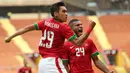 Penyerang Timnas Indonesia U-22, Septian David Maulana melakukan selebrasi usai mencetak gol ke gawang Thailand pada pertandingan SEA Games 2017 di Shah Alam, Malaysia (15/8). Indonesia dan Thailand bermain imbang 1-1. (AP Photo / Vincent Thian)