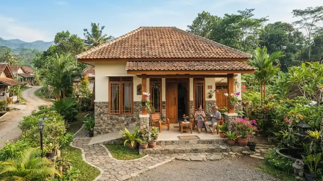 Rumah kampung dengan kayu dan batu alam yang nyaman untuk masa tua model dengan pintu dan jendela kayu