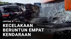 Kecelakaan beruntun ini juga terjadi di tol Ngawi, Jawa Timur. Ada empat kendaraan yang di antaranya ada bus juga truk pengangkut durian bertabrakan hingga mengakibatkan satu mobil ringsek dan pengemudinya terluka parah.