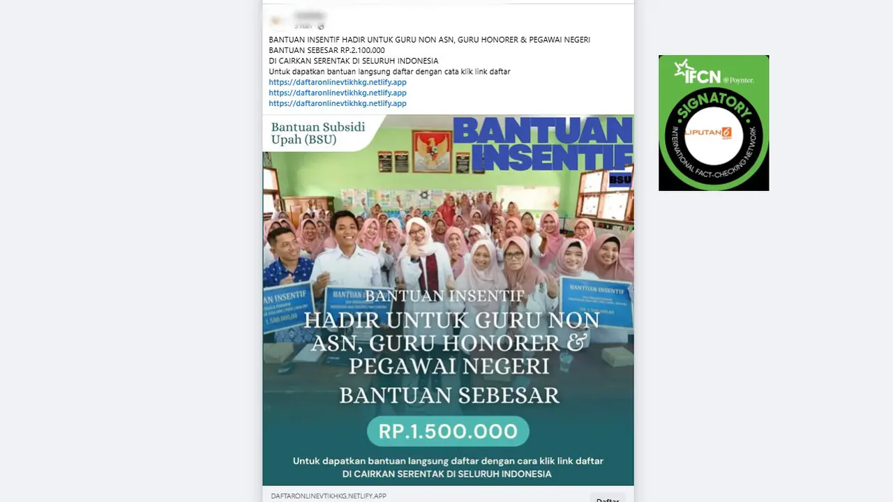 Tangkapan layar klaim link pendaftaran bantuan insentif untuk guru non ASN yang beredar di Facebook.