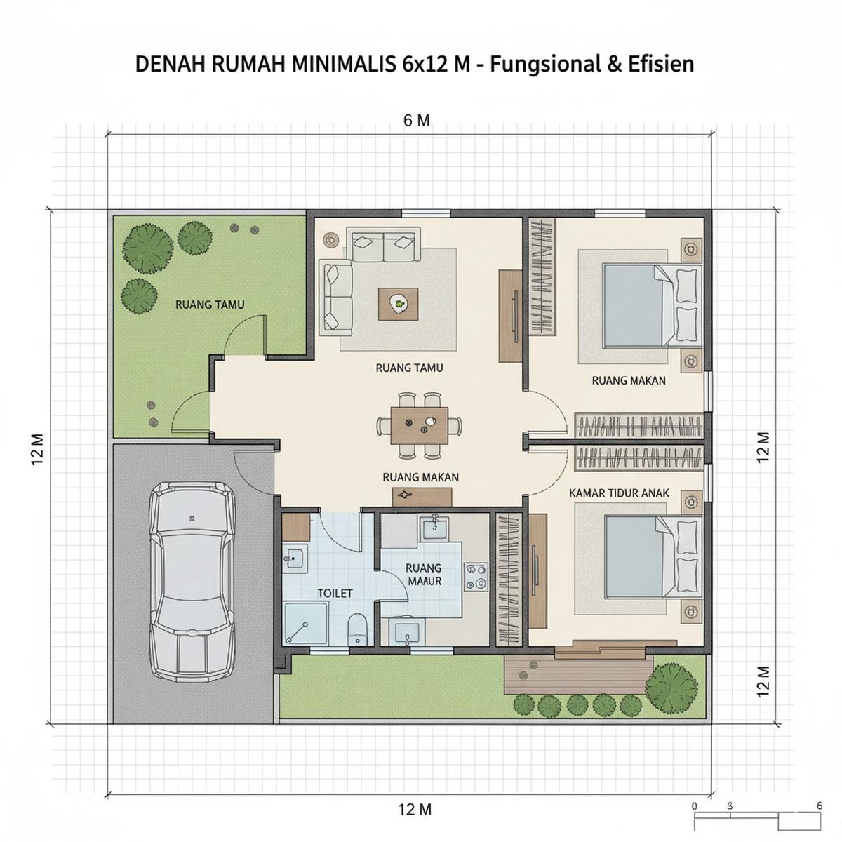 Denah Rumah Minimalis 6x12 Meter Tipe Fungsional dan Efisien