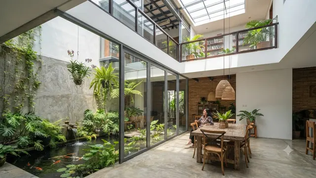 Desain Rumah 6x12 Meter Model Inner Courtyard yang Tetap Nyaman dan Terasa Luas Model Void Vertikal Dua Lantai di Bagian Belakang