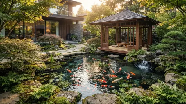 Desain Sudut Rumah yang Menggabungkan Kolam Ikan, Taman, dan Gazebo Kecil