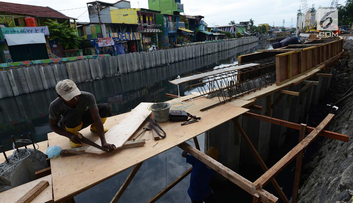 Pekerja melakukan pemasangan turap atau sheetpile Kali Item, Jakarta, Rabu (2/1). Turap sepanjang 1.900 meter pada sisi kanan dan kiri kali untuk mengantisipasi genangan dan banjir di kawasan tersebut pada musim hujan. (Merdeka.com/Imam Buhori)