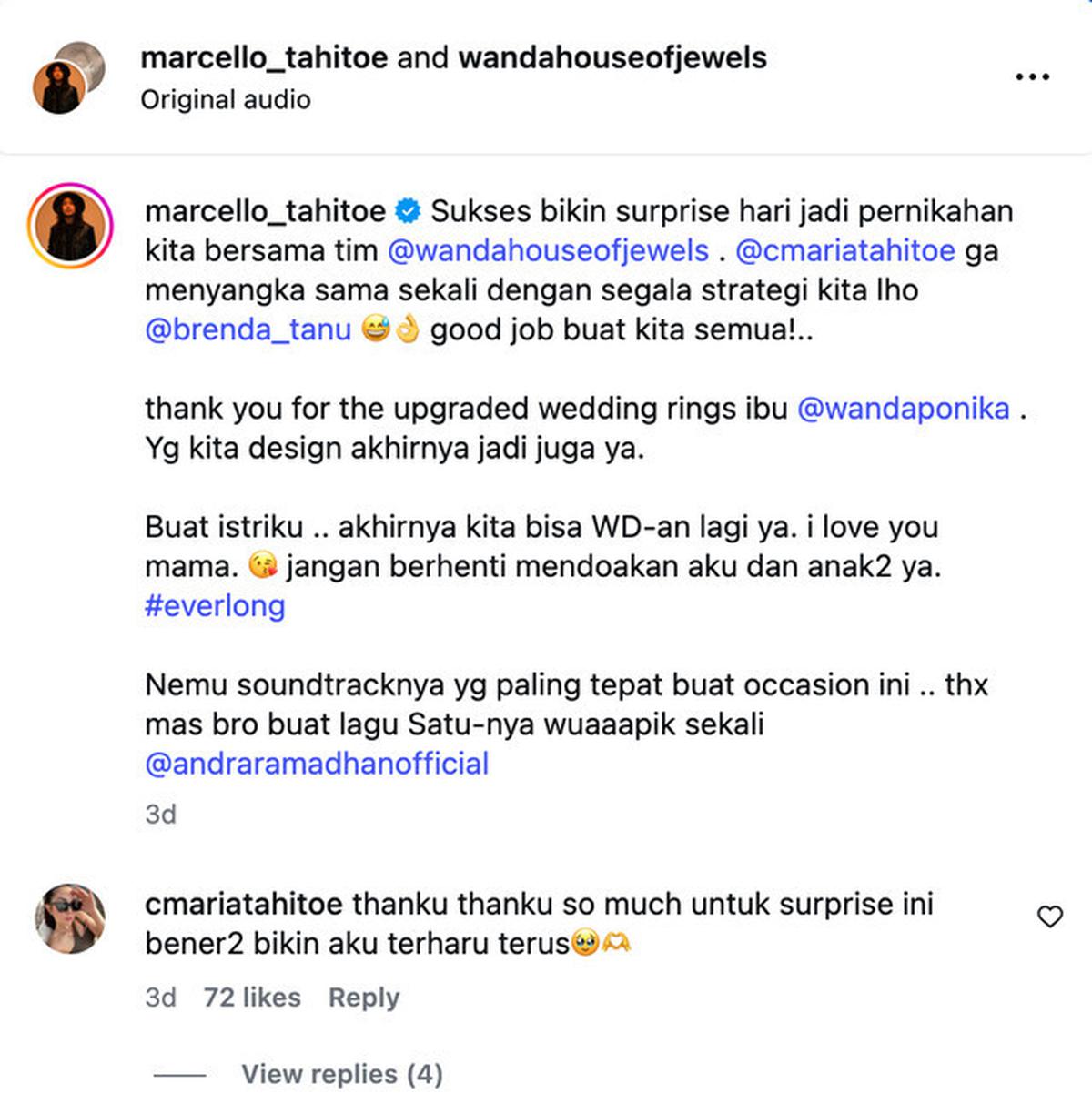Ello Beri Kado Istri Cincin Kawin Edisi 2.0 dengan Pesan: Jangan Berhenti Doakan Aku dan Anak-anak