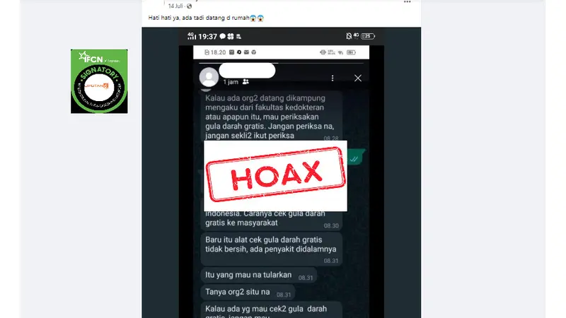 Tangkapan layar salah satu hoaks terkait pemeriksaan kesehatan