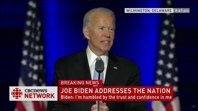 Presiden Terpilih AS Joe Biden menyampaikan pidato kemenangannya dalam Pilpres AS 2020 pada 7 November di Wilmington, Delaware (screenshot CBC News)