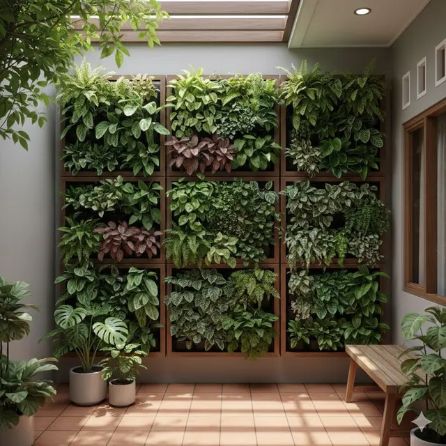 Teras rumah dengan Vertical Garden Panel (Gemini AI)