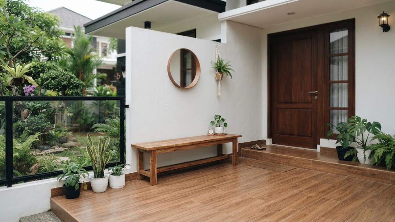 Model teras minimalis dengan lantai motif kayu yang cocok untuk rumah masa kini dengan bangku kayu
