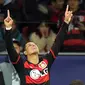 Pemain Bayer Leverkusen, Javier Hernandez, merayakan gol yang diciptakannya ke gawang AS Roma di laga Grup E Liga Champions di Stadion Bay Arena, Jerman, Rabu (21/10/2015) dini hari WIB. (EPA/Federico Gambarini)