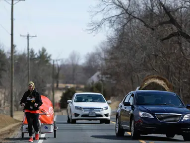 Rosie Swale-Pope (68 tahun) berlari sambil menarik gerobaknya 'The Icebrid’ melintasi Route 50 AS di Upperville, Virginia, Jumat (13/3/2015). Swale-pope berlari dari New York City ke San Francisco untuk melakukan aksi peduli Kanker. (REUTERS/Gary Cameron)