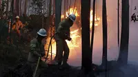 Pemadam kebakaran dari Portuguese National Republican Guard berusaha memadamkan api di kawasan hutan di distrik Pedrógão Grande, Figueiró dos Vinhos, dan Castanheira de Pera, Provinsi Leiria, Portugal tengah (18/6/2017) (AP)