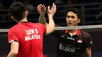 Jonatan Christie mengamankan tempat di babak kedua Malaysia Terbuka 2018 setelah mengalahkan pemain tuan rumah, Daren Liew, dengan skor 21-18, 21-17, Rabu (27/6/2018). (PBSI)