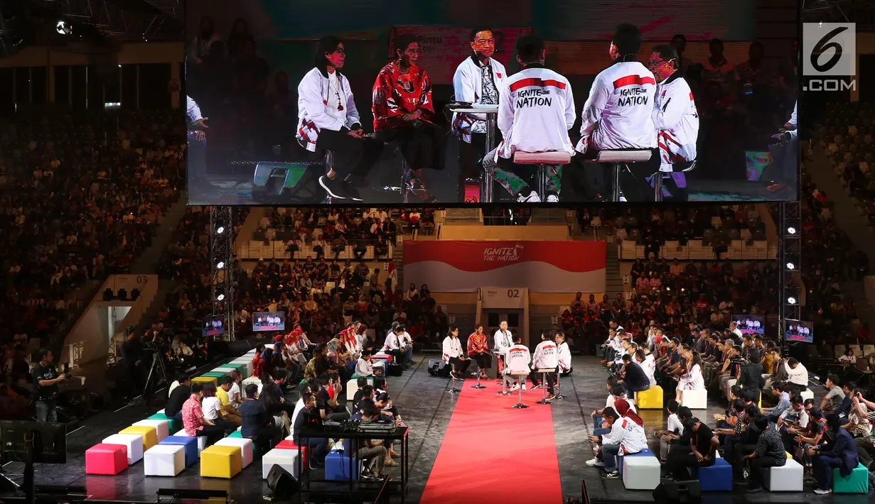 Sejumlah menteri saat memberikan mentoring kepada peserta Gerakan Nasional 1000 Startup Digital di Senayan, Jakara, Minggu (18/8/2019). Pemerintah melalui Gerakan ini mengelar acara pertemuan dengan ribuan perusahaan startup atau rintisan. (Liputan6.com/Angga Yuniar)