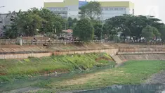 Suasana aliran Kanal Banjir Timur (KBT) yang mengering di kawasan Cipinang Muara, Jakarta, Jumat (11/9/2020). Curah hujan yang rendah selama musim kemarau menyebabkan debit air di kawasan tersebut berkurang sehingga bantaran kanal mengalami kekeringan. (Liputan6.com/Immanuel Antonius)