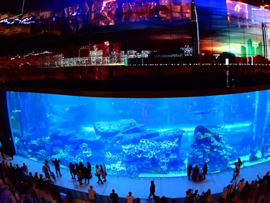 Wisatawan mengunjungi akuarium Dubai Mall di pusat kota Dubai, Uni Emirat Arab pada Rabu (2/1). Dubai Mall aquarium ini merupakan akuarium dalam mal yang disebut sebagai yang terbesar di dunia. (GIUSEPPE CACACE / AFP)