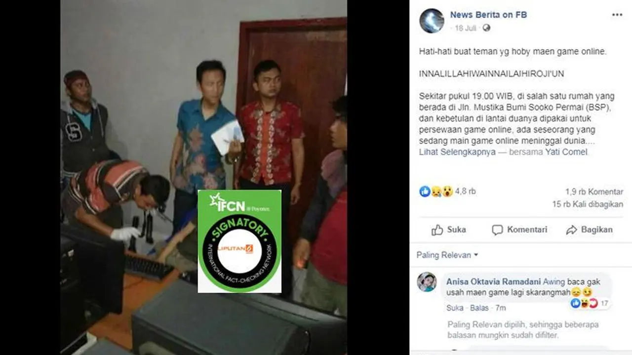 [Cek Fakta] Gambar Tangkapan Layar Foto Pemuda Tewas di Warnet
