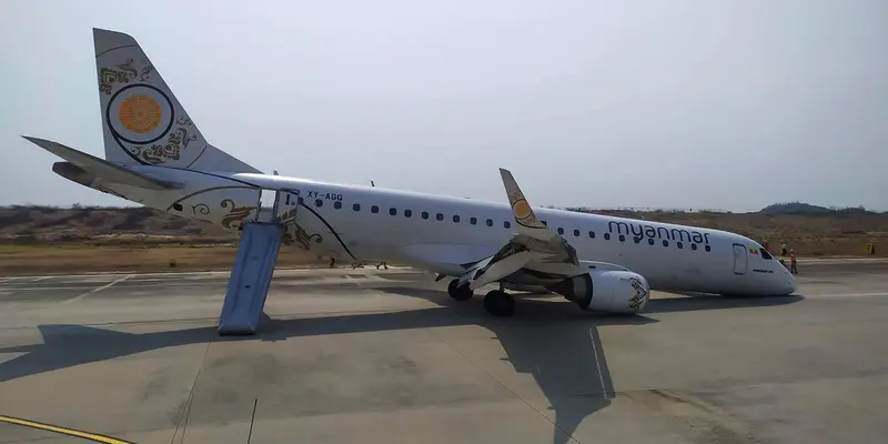 Pesawat Myanmar Mendarat Tanpa Roda Depan
