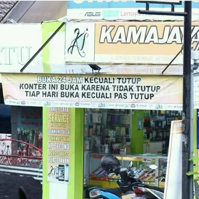 6 Tulisan Toko Buka 24 Jam Ini Bikin Tepuk Jidat