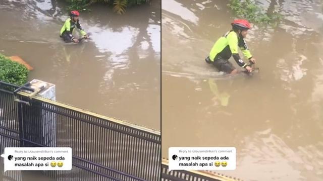 Aksi Pria Naik Sepeda saat Banjir Ini Kocak Sekaligus Bikin Geleng Kepala