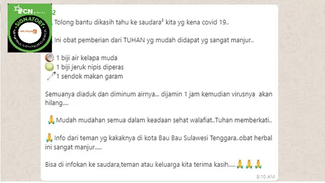 Penelusuran Klaim  Air Kelapa Dicampur Jeruk Nipis dan Garam Manjur Menyembuhkan Penderita Covid-19