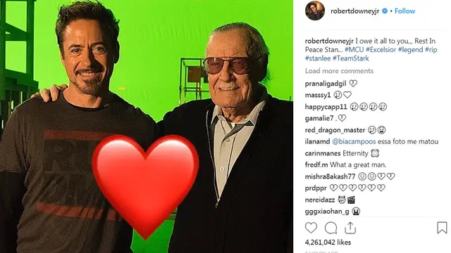 Yang mengharukan, Robert Downey Jr mengunggah foto bersama Stan Lee dengan latar belakang lokasi syuting.  (Instagram)