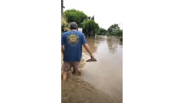 Randy juga ikut menerobos genangan air banjir bersama sang ayah.