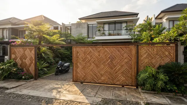 Model Pagar dengan Gerbang Kayu yang Terlihat Natural