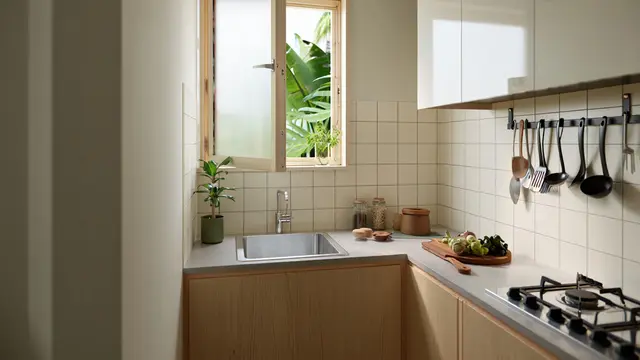 Desain Jendela Kecil untuk Dapur Sederhana (AI)