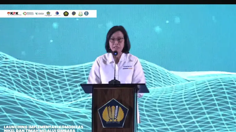 Menteri Keuangan (Menkeu) Sri Mulyani Indrawati dalam  perluasan implementasi Sistem Informasi Mineral dan Batubara Kementerian/Lembaga atau Simbara. (Tira/Liputan6.com)