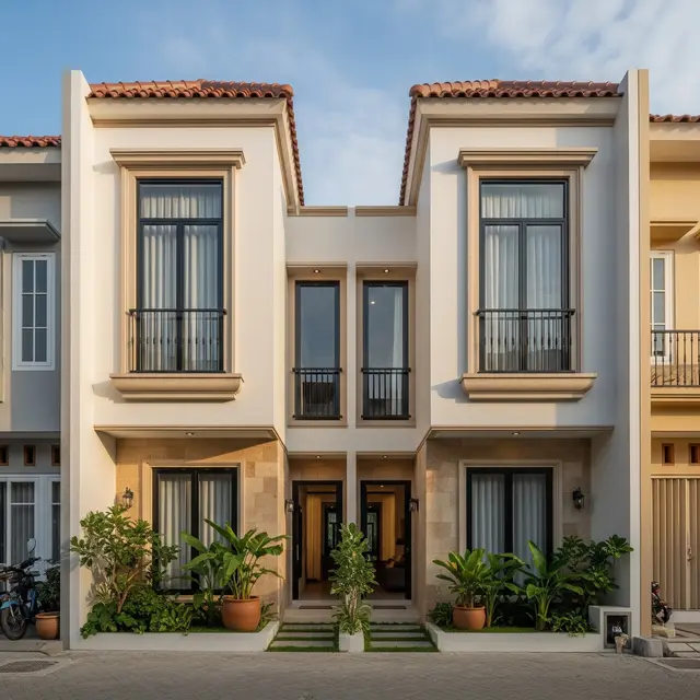 Fasad Rumah Mediterania Modern untuk Gang Sempit agar Tampil Estetik (AI Generated)