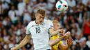 Gelandang Jerman, Toni Kroos (kiri) berebut bola udara dengan gelandang Viktor Kovalenko di kualifkasi grup C Piala Eropa 2016 di Stadion Stade Pierre-Mauroy, Perancis, (12/6). Jerman menang atas Ukraina dengan skor 2-0. (REUTERS/Pascal Rossignol) 