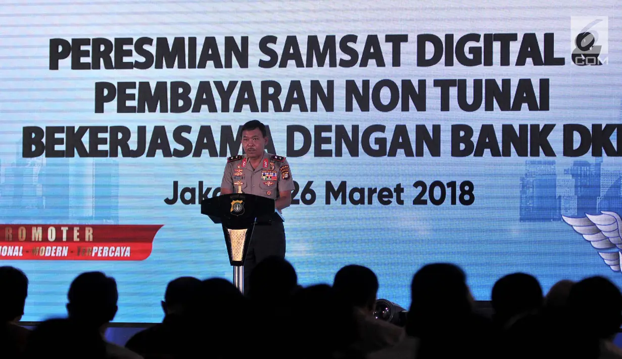 Kapolda Metro Jaya Irjen Pol Idham Aziz memberi sambutan saat peresmian Samsat Digital dan Pembayaran Non Tunai di Jakarta, Senin (26/3). Sistem ini kerja sama antara Dirlantas Polda Metro Jaya dengan Bank DKI. (Merdeka.com/Iqbal Nugroho)