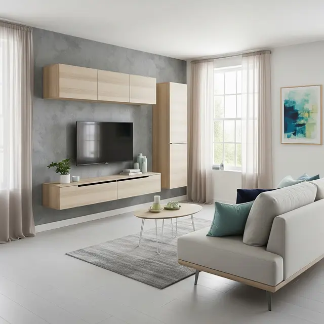 Layout Ruang Tamu Sempit dengan Rak TV Tempel dan Lemari Tipis