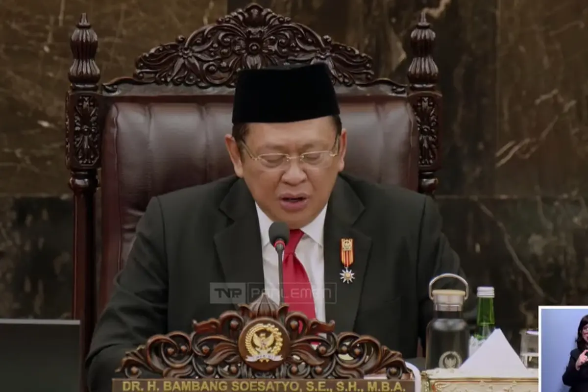 Ketua Majelis Permusyawaratan Rakyat (MPR) Bambang Soesatyo saat pidato dalam Sidang Tahunan MRP 2024.