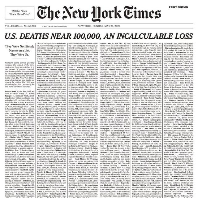 Nyaris 100 000 Kematian Di As Halaman Depan New York Times Muat Nama Korban Covid 19 Global Liputan6 Com