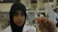 Mahasiswa UGM, Artina Prastiwi (22) menunjukan hasil temuannya vaksin Flu Burung (H5N1) yang berbahan dasar Buah Mahkota Dewa di UGM Yogyakarta. (Antara)