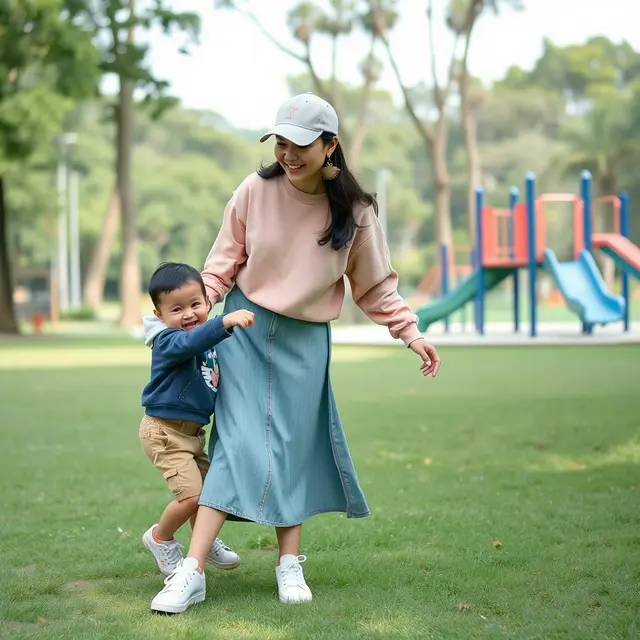 Outfit Ibu Muda Sweatshirt dengan Midi Skirt