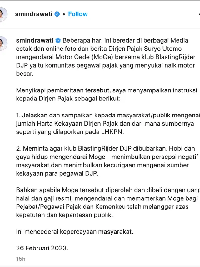 Unggahan Sri Mulyani. (Foto: Dok. Instagram @smindrawati)